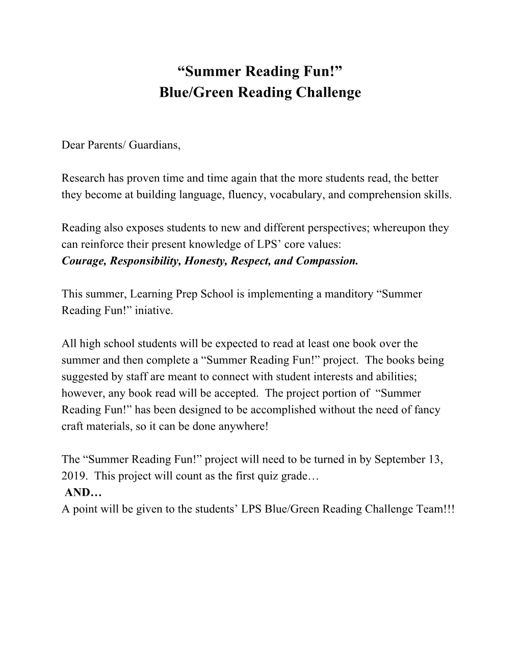 Summer Reading Fun!” Blue/Green Reading Challenge