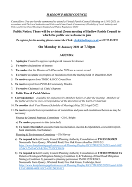 Hadlow Parish Council Meeting Agenda January 2021