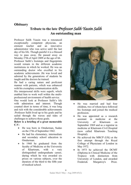 Tribute to the Late Professor Salih Yassin Salih an Outstanding Man
