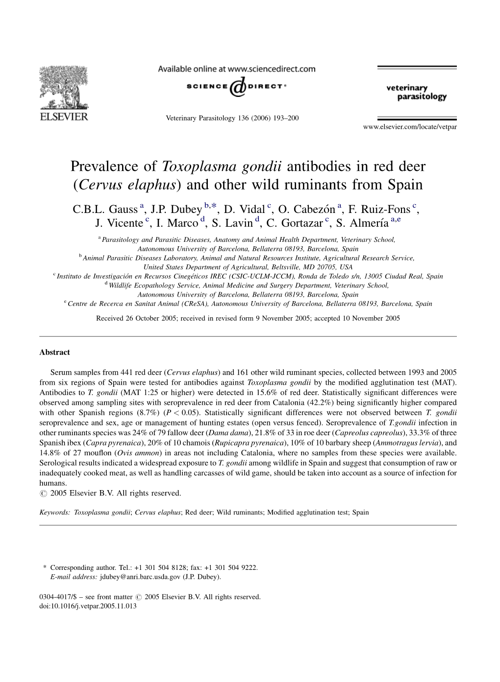 Prevalence of Toxoplasma Gondii Antibodies in Red Deer (Cervus Elaphus) and Other Wild Ruminants from Spain C.B.L