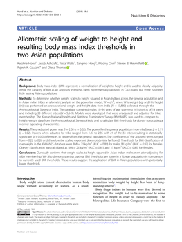 Allometric Scaling of Weight to Height and Resulting Body Mass Index