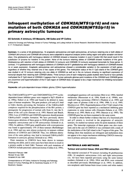 Infrequent Methylation of CDKN2A(Mts1p16) and Rare Mutation of Both CDKN2A and CDKN2B(Mts2ip15) in Primary Astrocytic Tumours