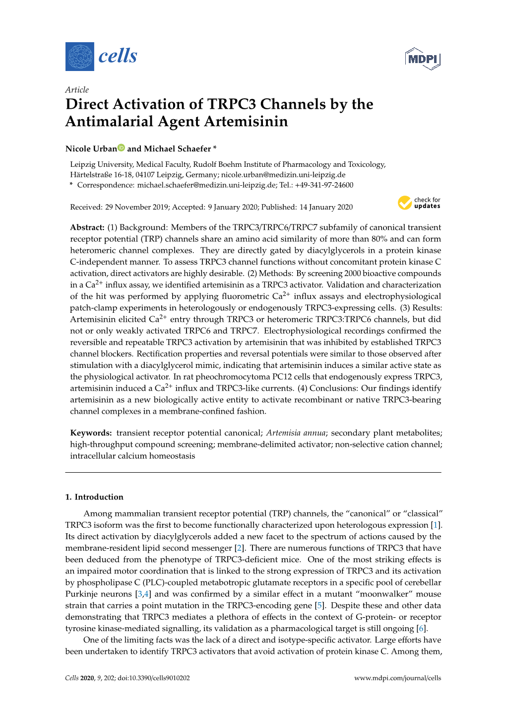 Direct Activation of TRPC3 Channels by the Antimalarial Agent Artemisinin