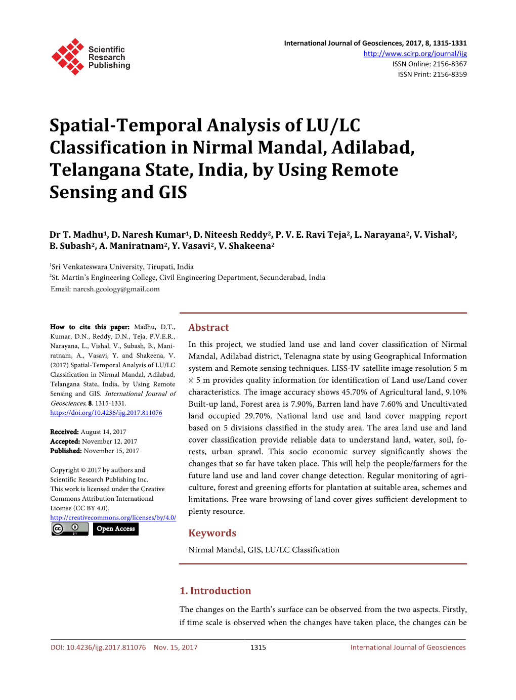 Spatial-Temporal Analysis of LU/LC Classification in Nirmal Mandal, Adilabad, Telangana State, India, by Using Remote Sensing and GIS