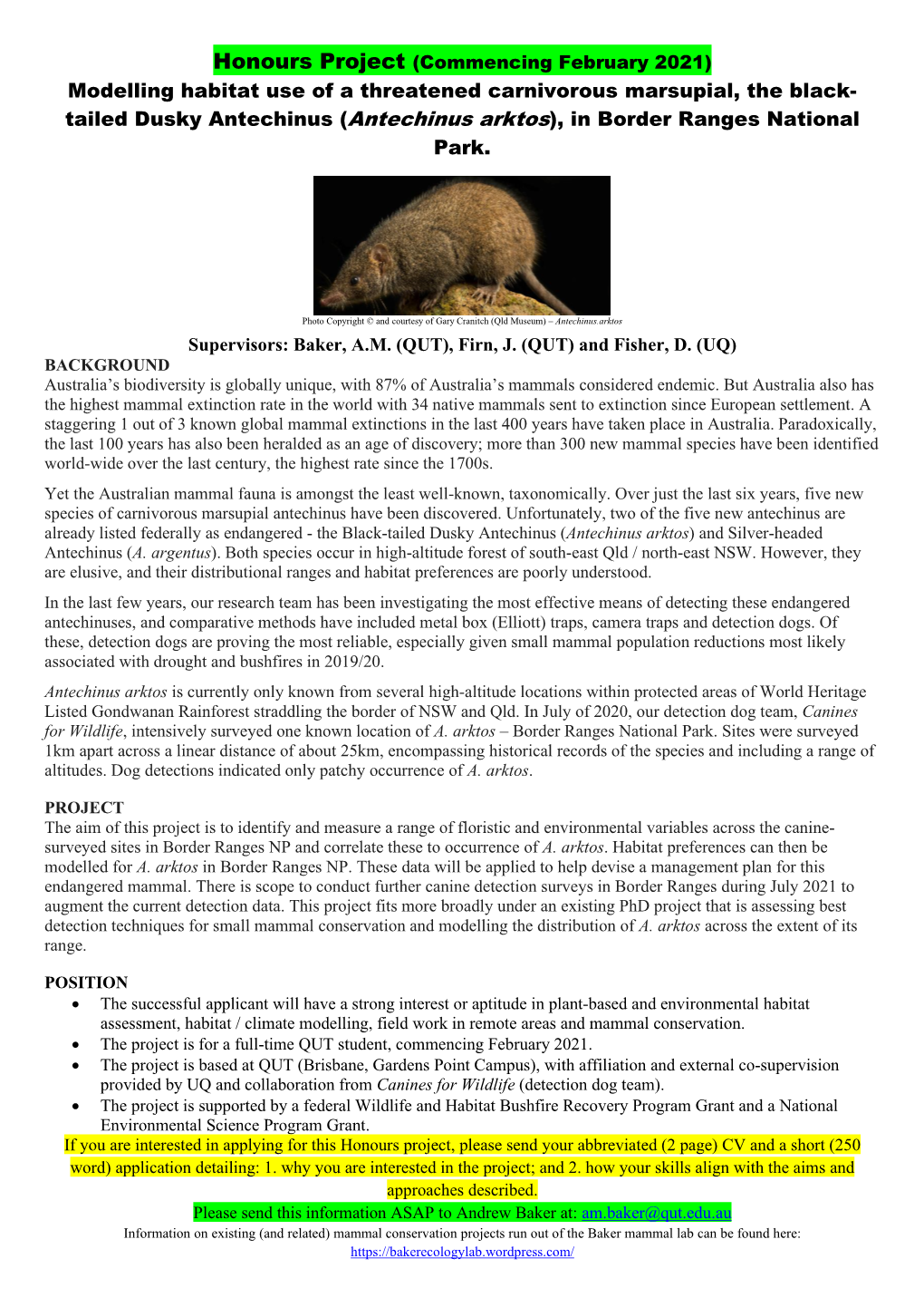 Modelling Habitat Use of a Threatened Carnivorous Marsupial, the Black- Tailed Dusky Antechinus (Antechinus Arktos), in Border Ranges National Park