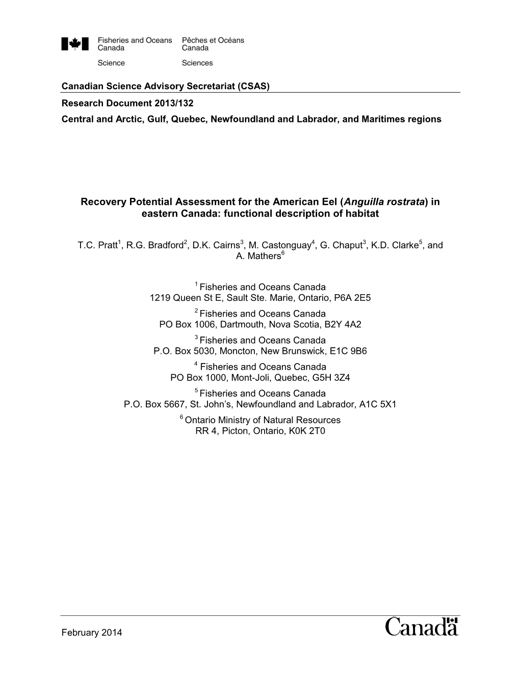 Recovery Potential Assessment for the American Eel (Anguilla Rostrata) in Eastern Canada: Functional Description of Habitat