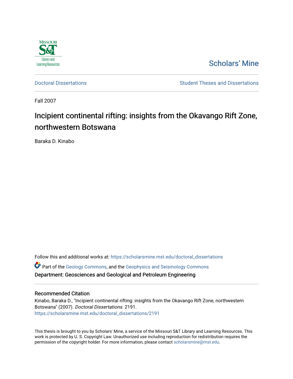 Incipient Continental Rifting: Insights from the Okavango Rift Zone, Northwestern Botswana