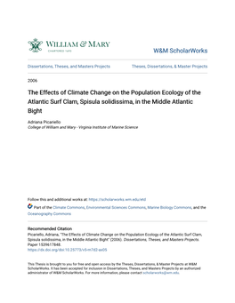 The Effects of Climate Change on the Population Ecology of the Atlantic Surf Clam, Spisula Solidissima, in the Middle Atlantic Bight