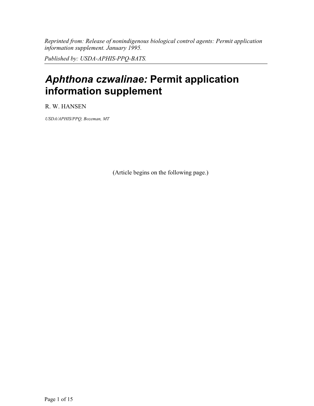 Aphthona Czwalinae: Permit Application Information Supplement