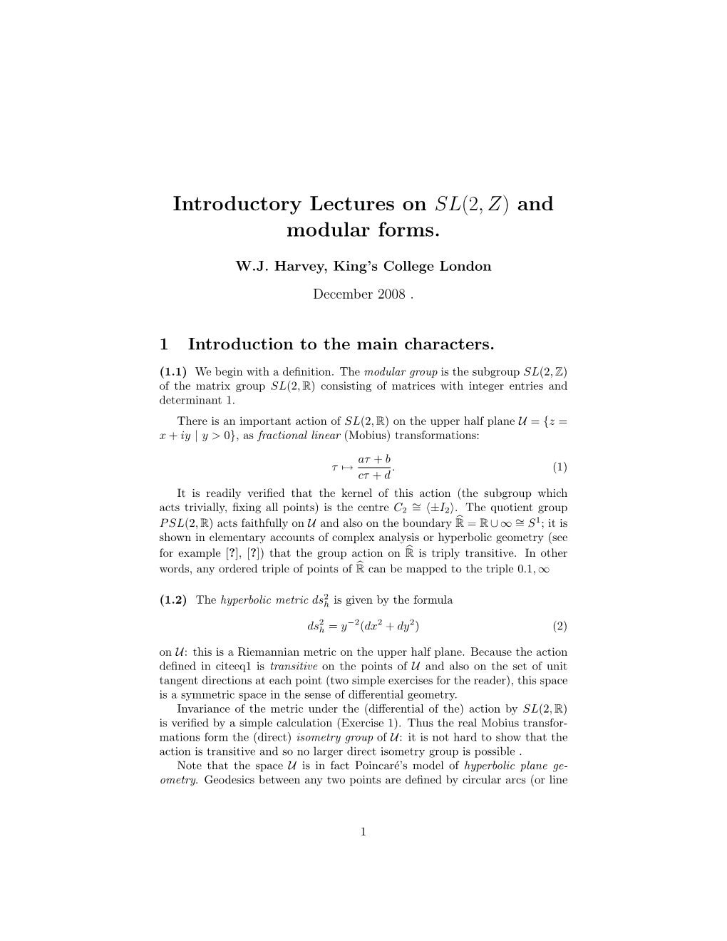 Introductory Lectures on SL(2,Z) and Modular Forms