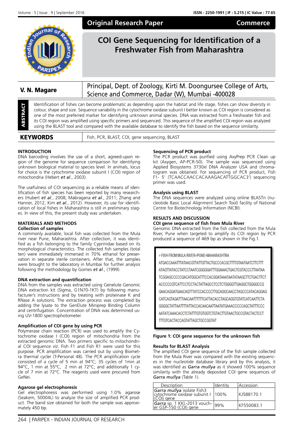 COI Gene Sequencing for Identification of a Freshwater Fish from Maharashtra