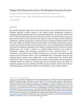 Design of the Reverse Auction in the Broadcast Incentive Auction an Expert Report in Response to Comment Public Notice FCC 14 -191