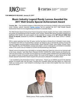 Music Industry Legend Randy Lennox Awarded the 2017 Walt Grealis Special Achievement Award