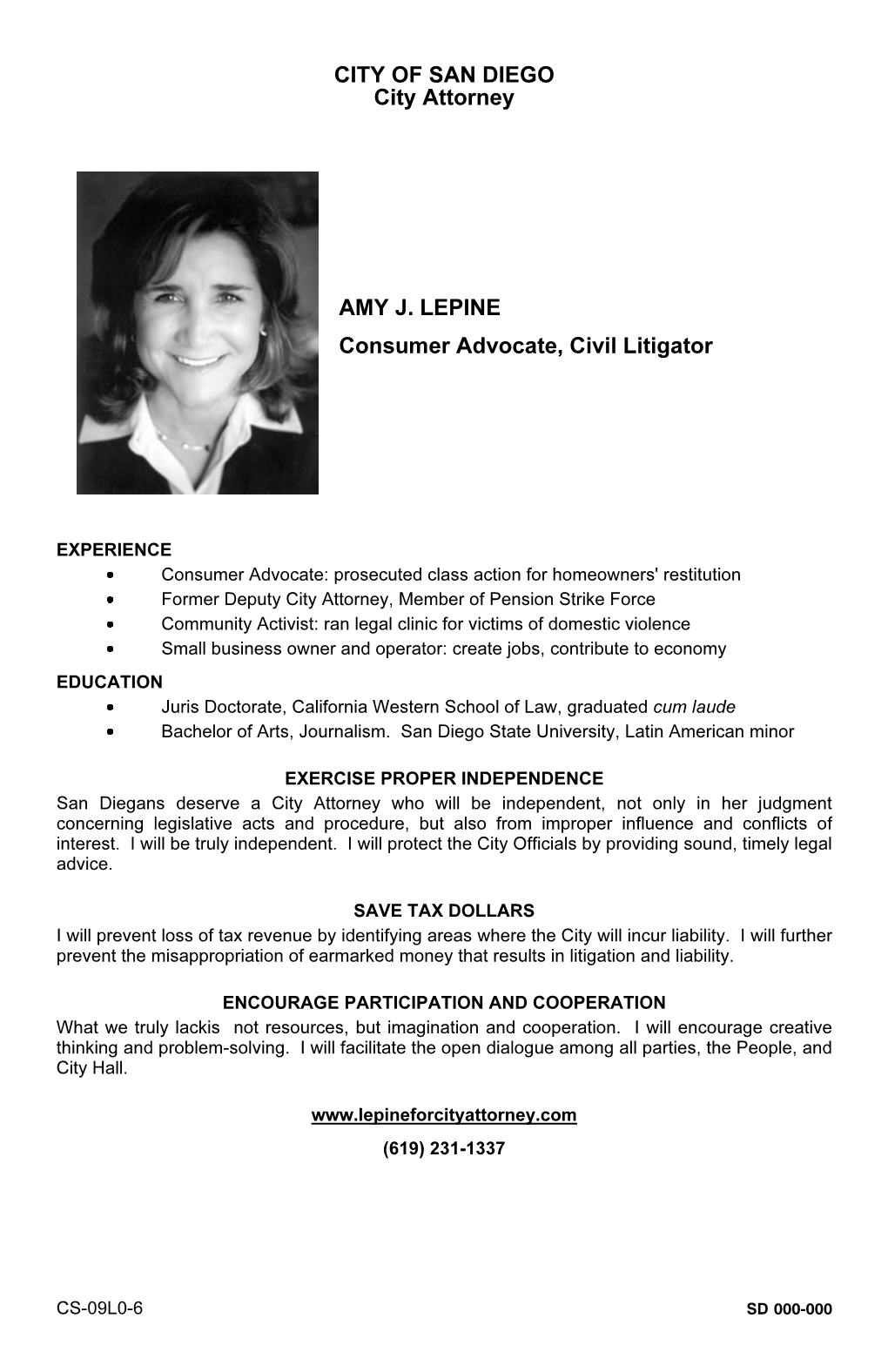 CITY of SAN DIEGO City Attorney AMY J. LEPINE Consumer