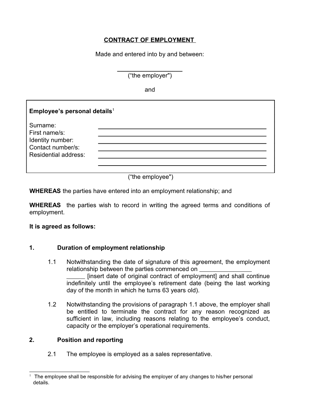 Contract of Employment for Monthly and Weekly Paid Employees