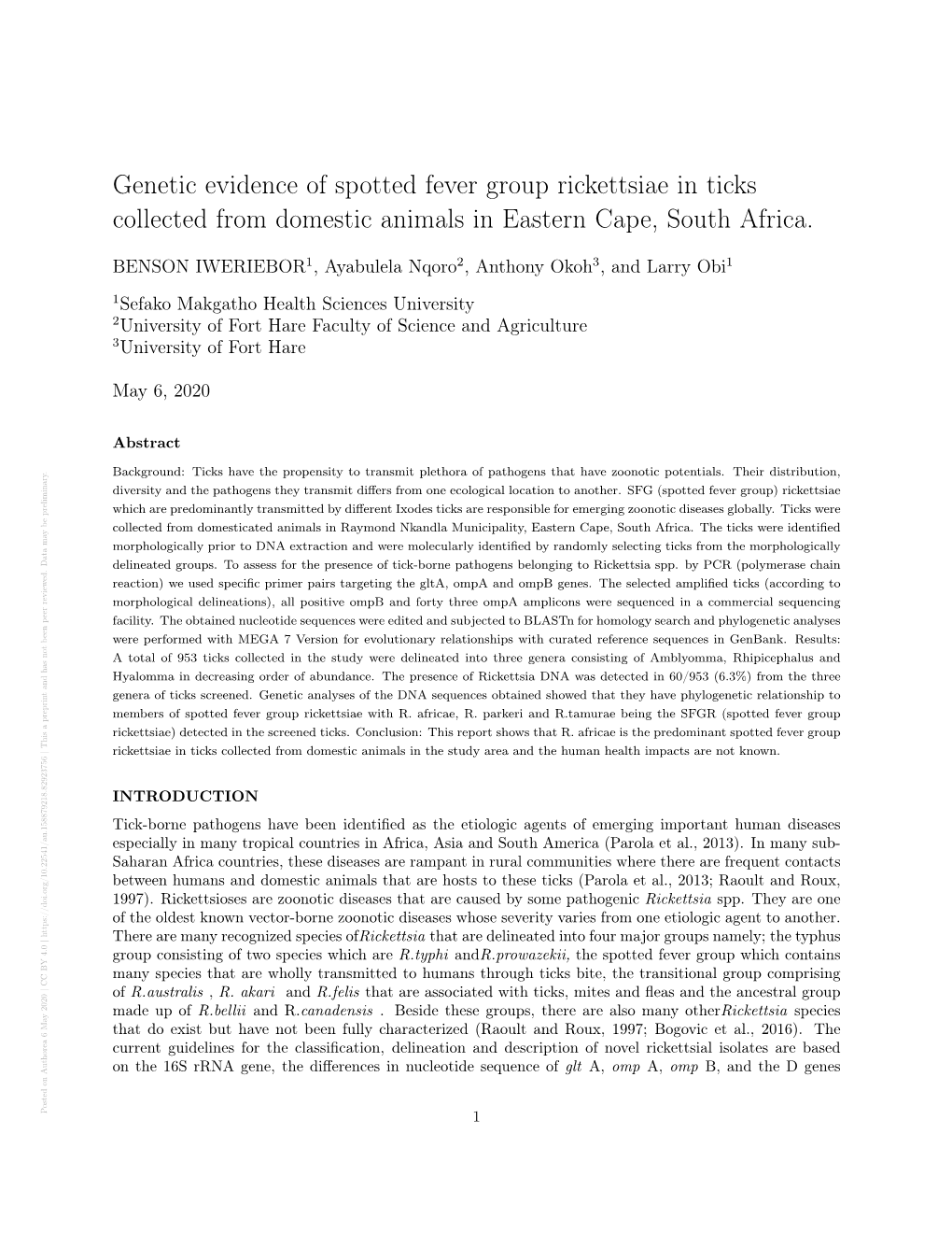 Genetic Evidence of Spotted Fever Group Rickettsiae in Ticks Collected