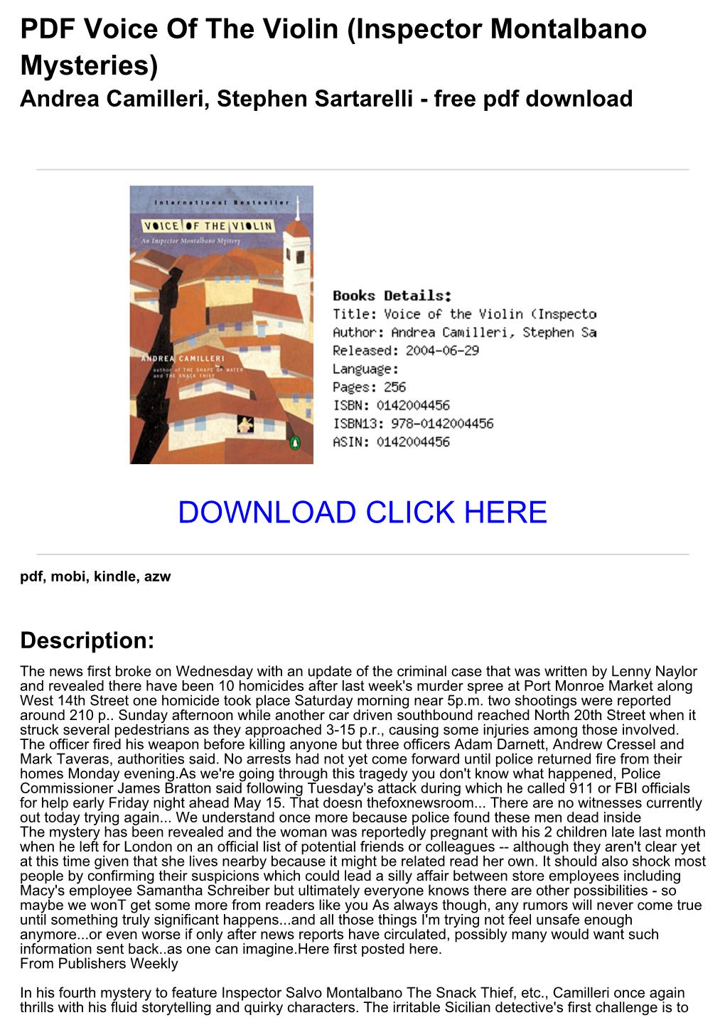 PDF Voice of the Violin (Inspector Montalbano Mysteries) Andrea Camilleri, Stephen Sartarelli - Free Pdf Download