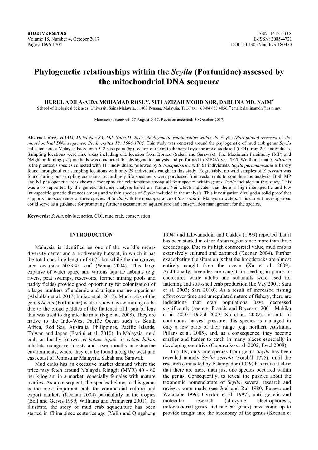 Phylogenetic Relationships Within the Scylla (Portunidae) Assessed by the Mitochondrial DNA Sequence