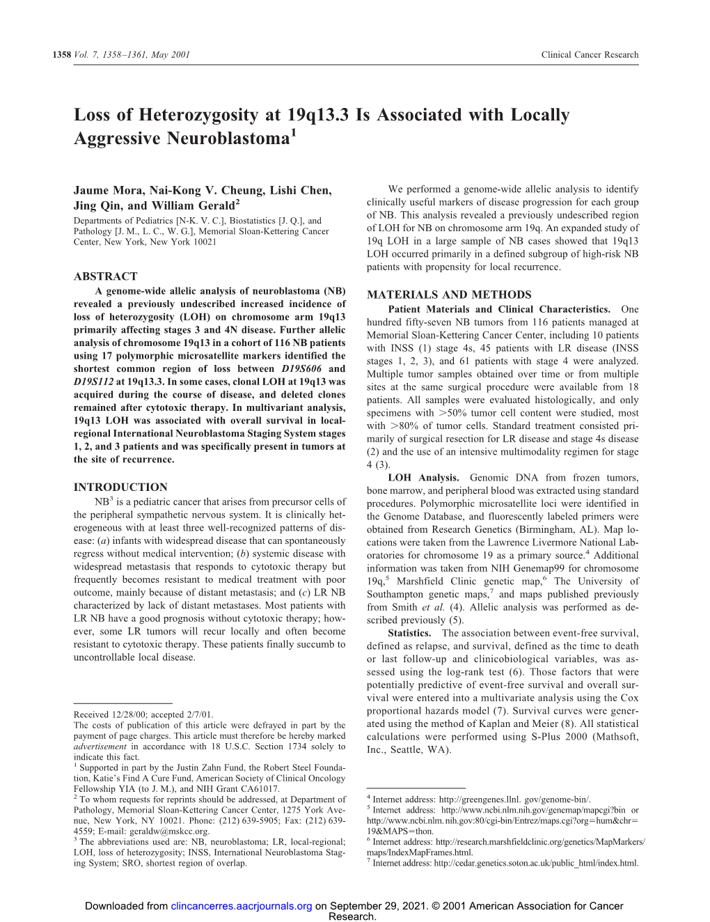 Loss of Heterozygosity at 19Q13.3 Is Associated with Locally Aggressive Neuroblastoma1