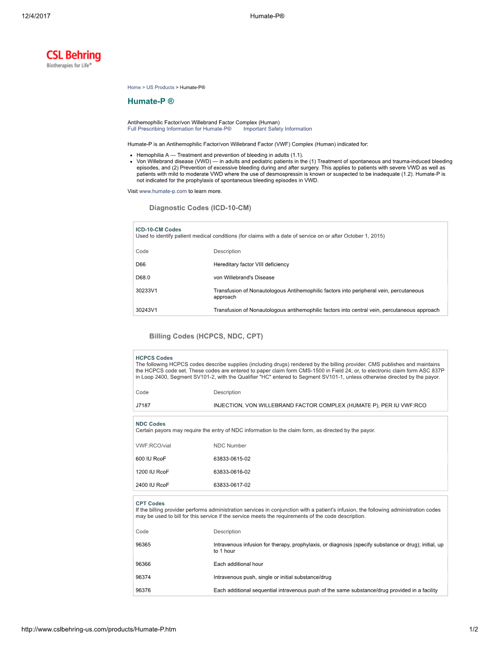 Humate-P Diagnostic Codes