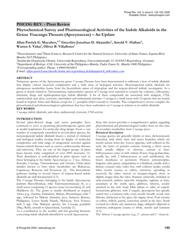 PHCOG REV. : Plant Review Phytochemical Survey and Pharmacological Activities of the Indole Alkaloids in the Genus Voacanga Thouars (Apocynaceae) – an Update