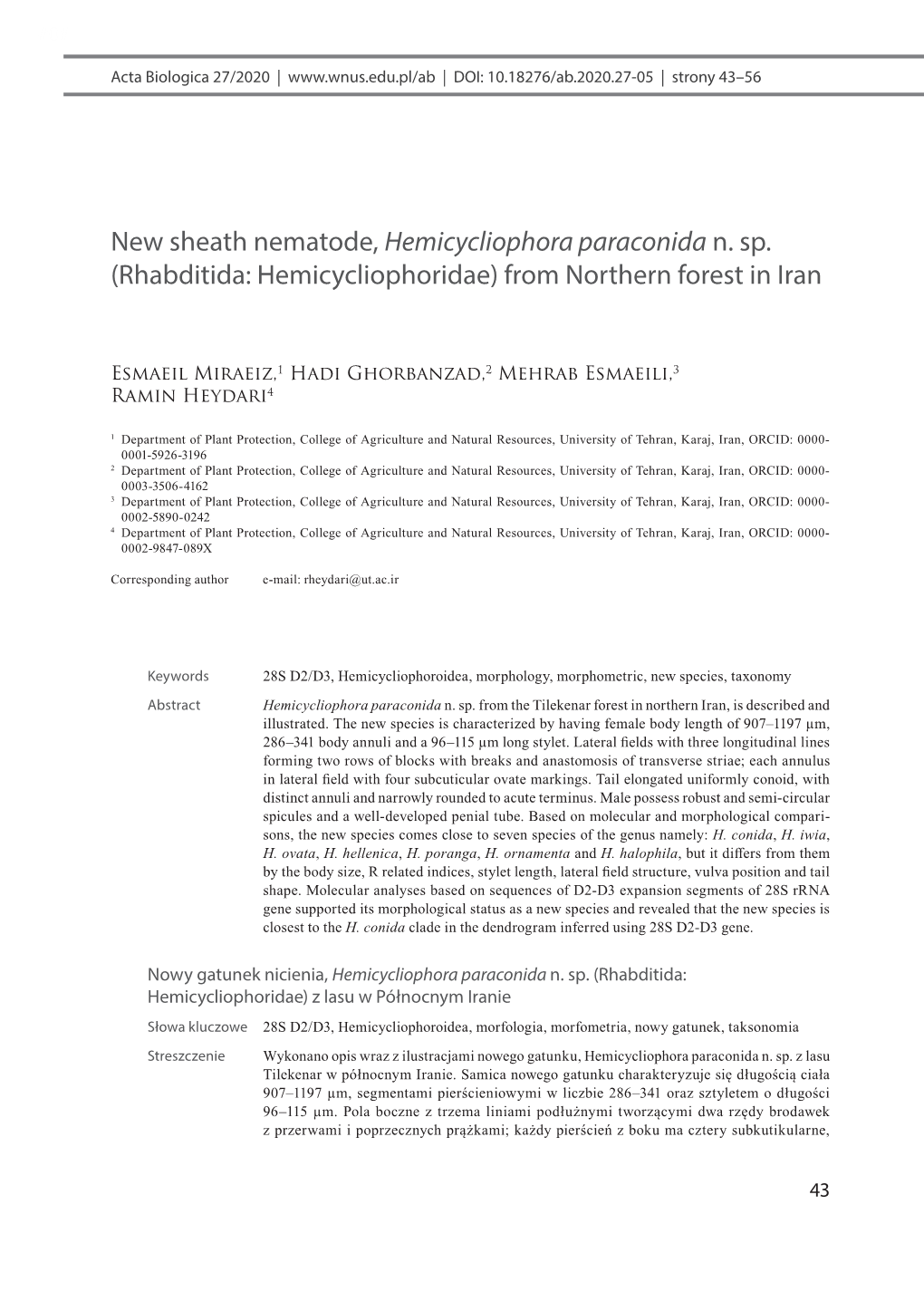 New Sheath Nematode, Hemicycliophora Paraconida N. Sp