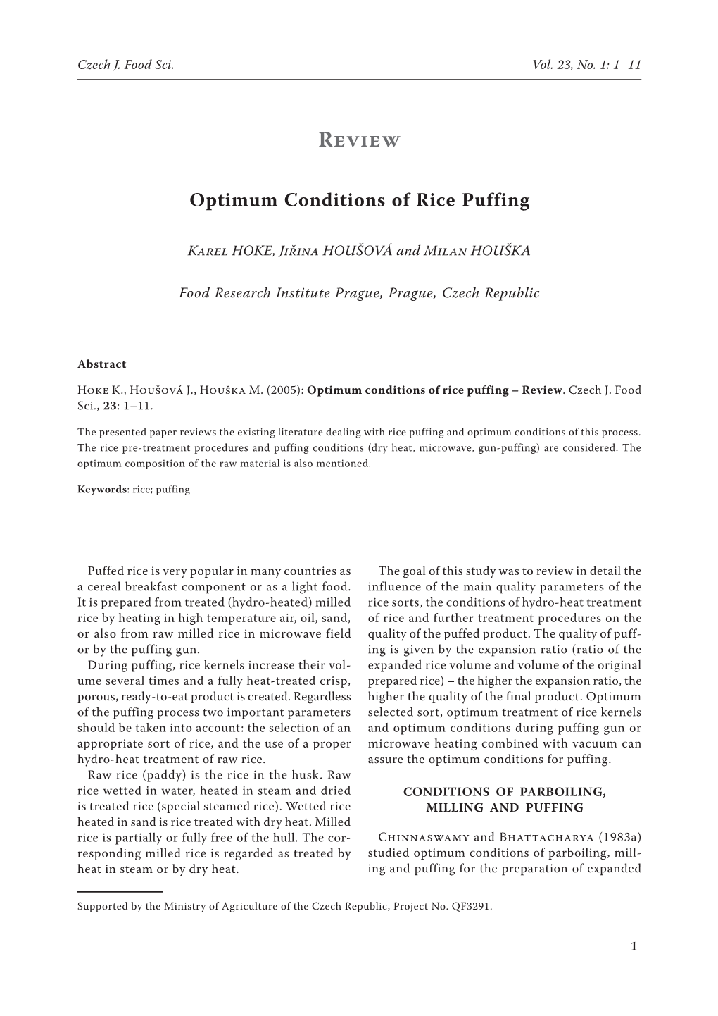 Optimum Conditions of Rice Puffing