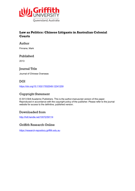 Chinese Litigants in Late Colonial Court-Rooms’, Journal of Chinese Overseas 9, 2