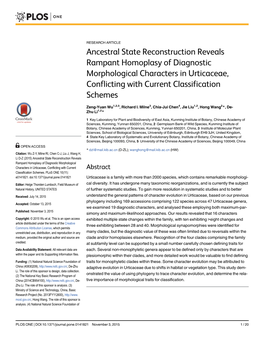 Ancestral State Reconstruction Reveals Rampant Homoplasy of Diagnostic Morphological Characters in Urticaceae, Conflicting with Current Classification Schemes