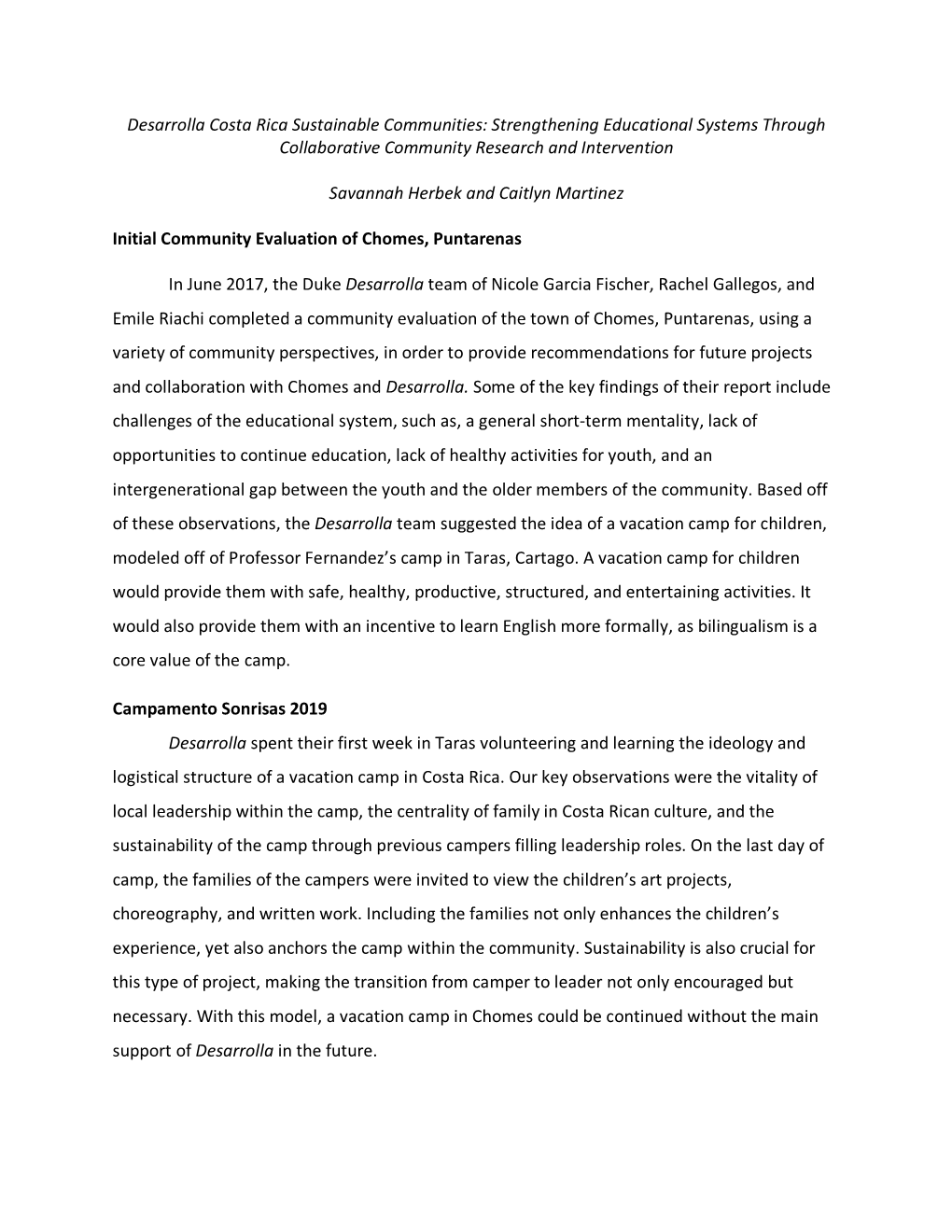 Desarrolla Costa Rica Sustainable Communities: Strengthening Educational Systems Through Collaborative Community Research and Intervention