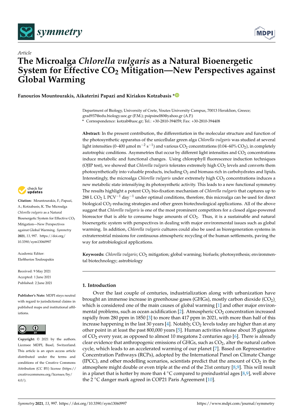 The Microalga Chlorella Vulgaris As a Natural Bioenergetic System for Effective CO2 Mitigation—New Perspectives Against Global Warming