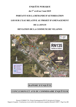 RN135 Déviation De Velaines Rapport D’Enquête - Conclusions Et Avis Motivé Du Commissaire Enquêteur Bernard CAREY - Page 1 Sur 24