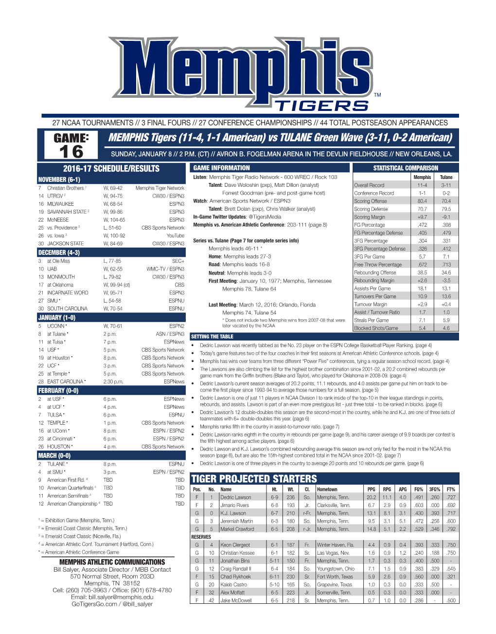 MEMPHIS Tigers (11-4, 1-1 American) Vs TULANE Green Wave (3-11, 0-2 American) 16 SUNDAY, JANUARY 8 // 2 P.M