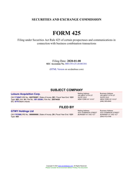 Leisure Acquisition Corp. Form 425 Filed 2020-01-08