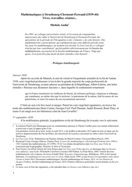 Mathématiques À Strasbourg-Clermont-Ferrand (1939-44) Vivre, Travailler, Résister