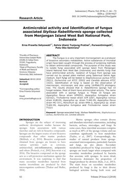 Antimicrobial Activity and Identification of Fungus Associated Stylissa Flabelliformis Sponge Collected from Menjangan Island West Bali National Park, Indonesia