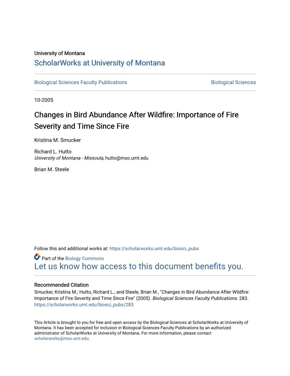 Changes in Bird Abundance After Wildfire: Importance of Fire Severity and Time Since Fire