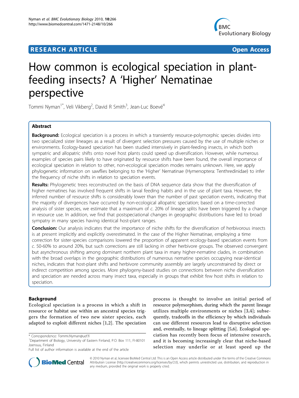 How Common Is Ecological Speciation in Plant-Feeding Insects? a ‘Higher’ Nematinae Perspective