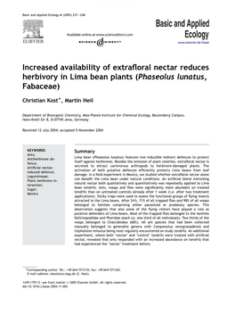 Increased Availability of Extrafloral Nectar Reduces Herbivory in Lima Bean Plants (Phaseolus Lunatus, Fabaceae)