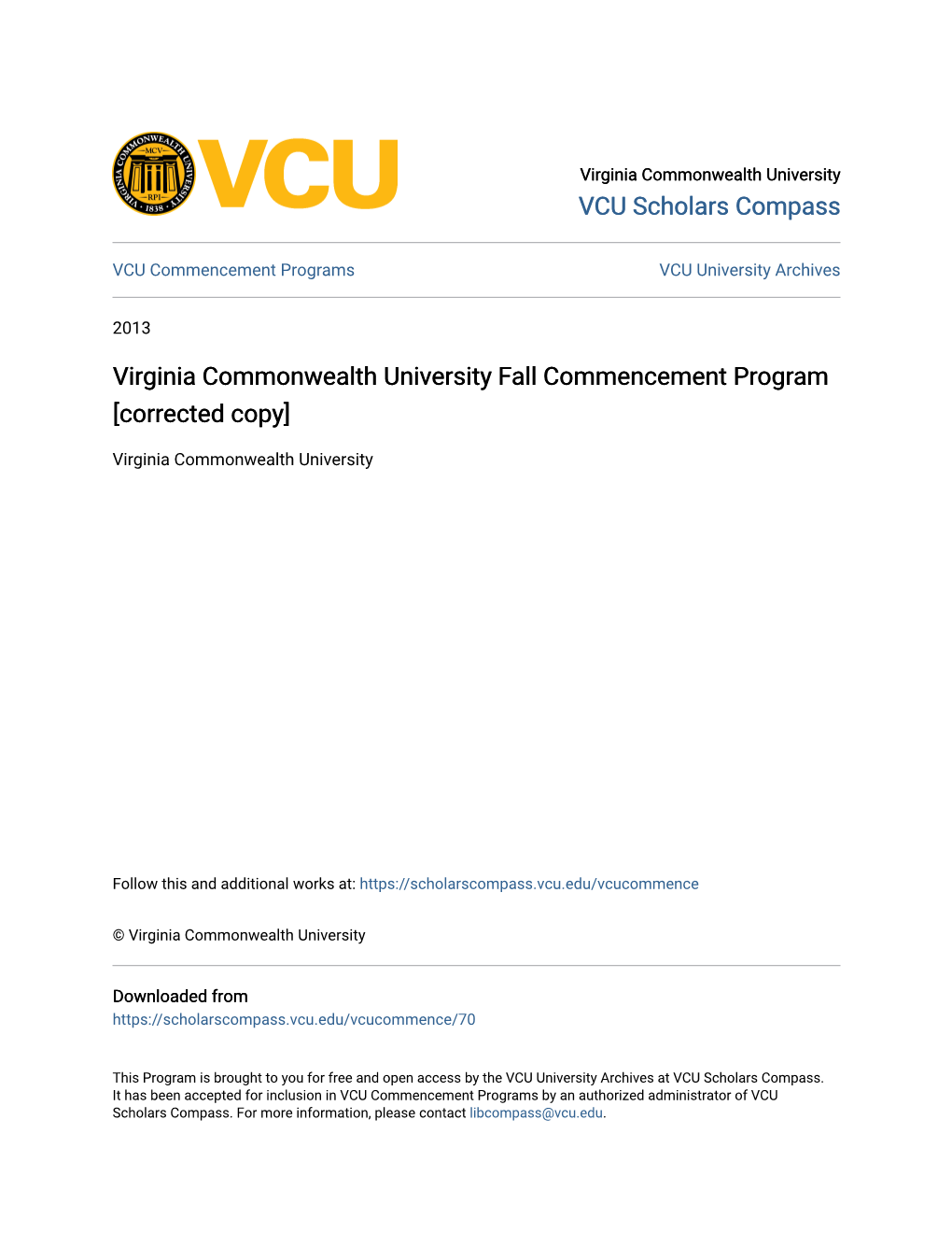 Virginia Commonwealth University Fall Commencement Program [Corrected Copy]