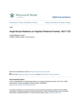 Anglo-Siouan Relations on Virginia's Piedmont Frontier, 1607-1732