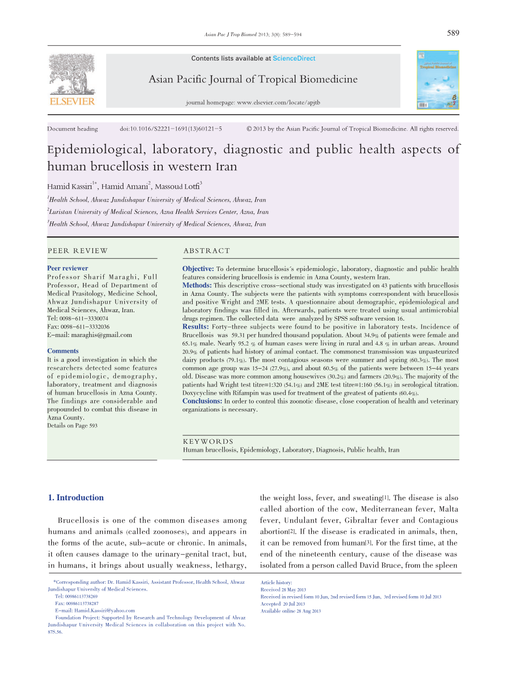 Epidemiological, Laboratory, Diagnostic and Public Health Aspects of Human Brucellosis in Western Iran