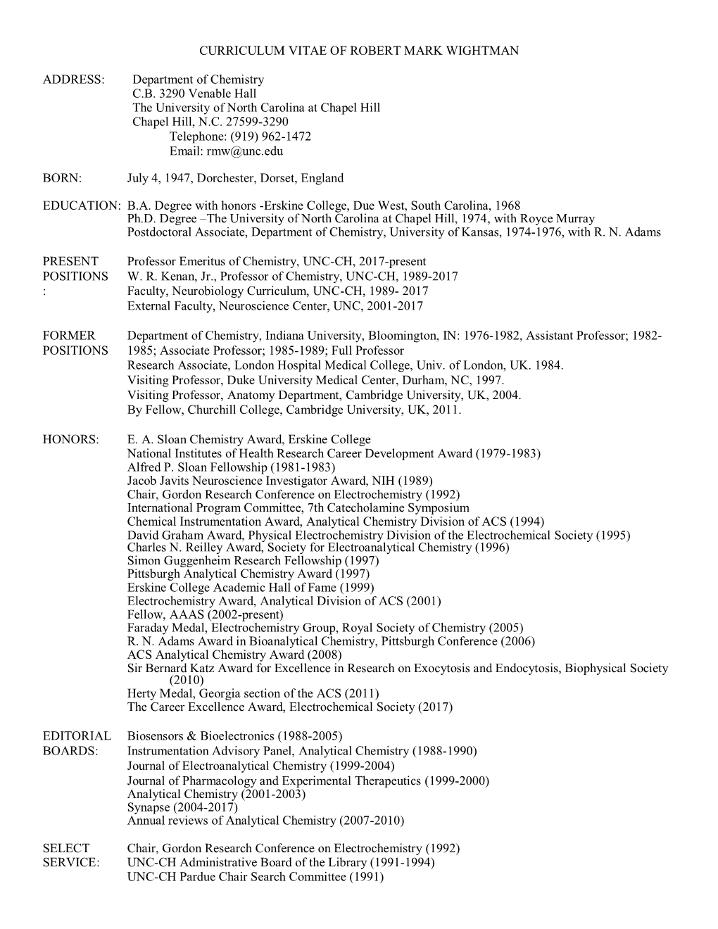 Curriculum Vitae of Robert Mark Wightman