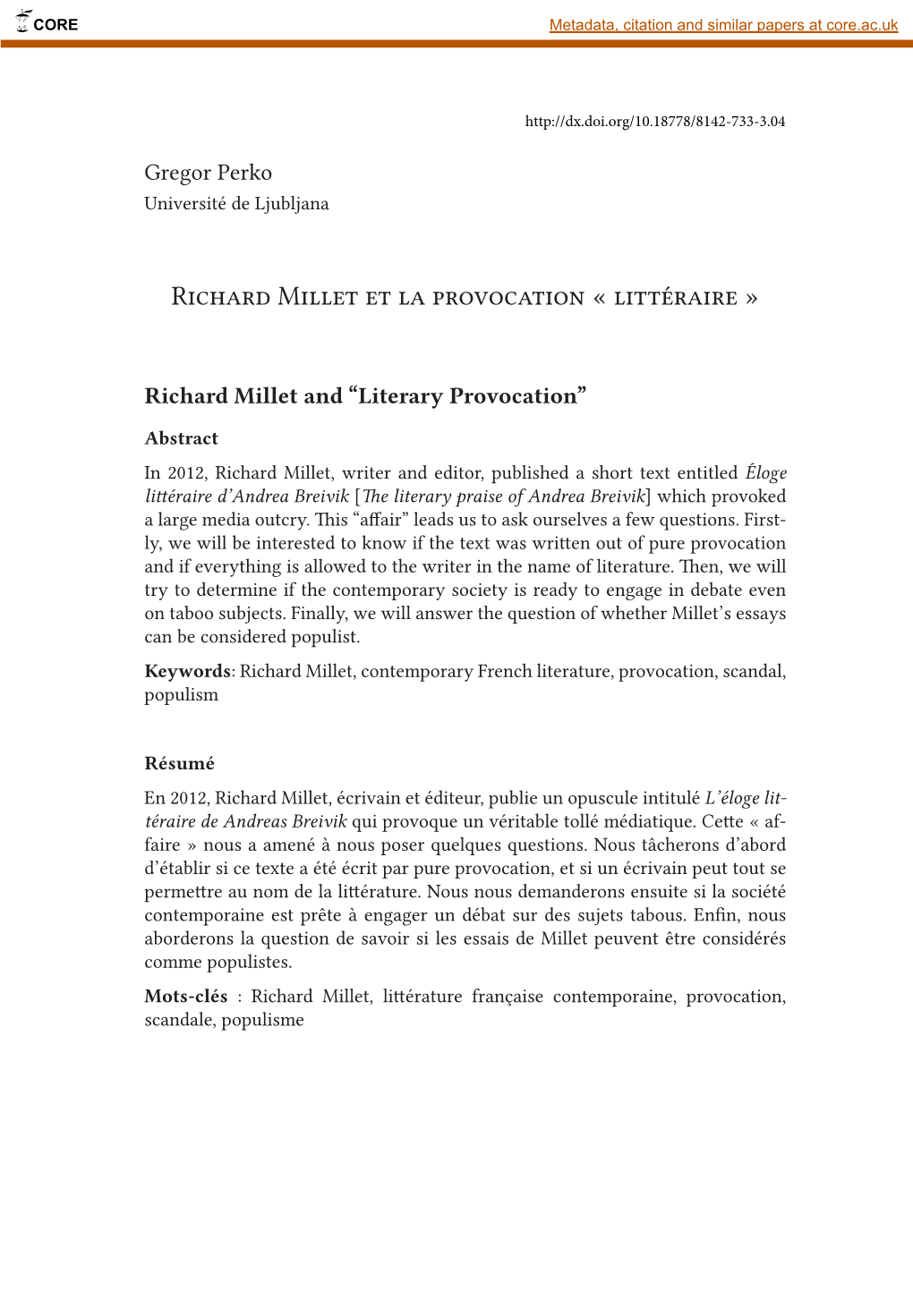 Richard Millet Et La Provocation « Littéraire »
