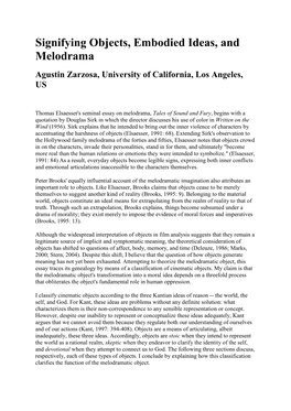Signifying Objects, Embodied Ideas, and Melodrama Agustin Zarzosa, University of California, Los Angeles, US