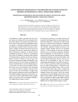 Conocimiento Tradicional Y Valoración De Plantas Útiles En Reserva De Biosfera El Cielo, Tamaulipas, México