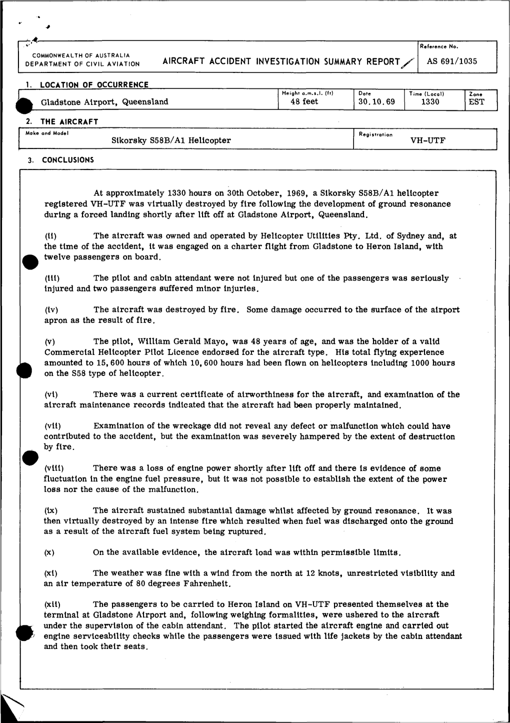 ^K Gladstone Airport, Queensland 48 Feet 30.10.69 Sikorsky S58B/A1