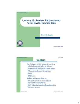 Lecture 19: Review, PN Junctions, Fermi Levels, Forward Bias Context