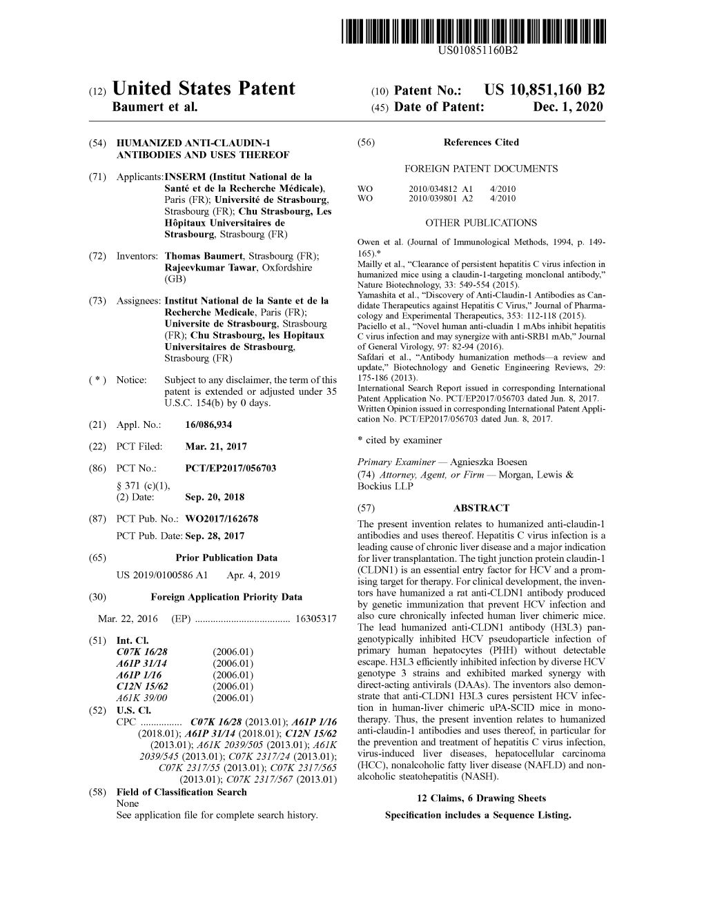 ( 12 ) United States Patent ( 10) Patent No .: US 10,851,160 B2 Baumert Et Al