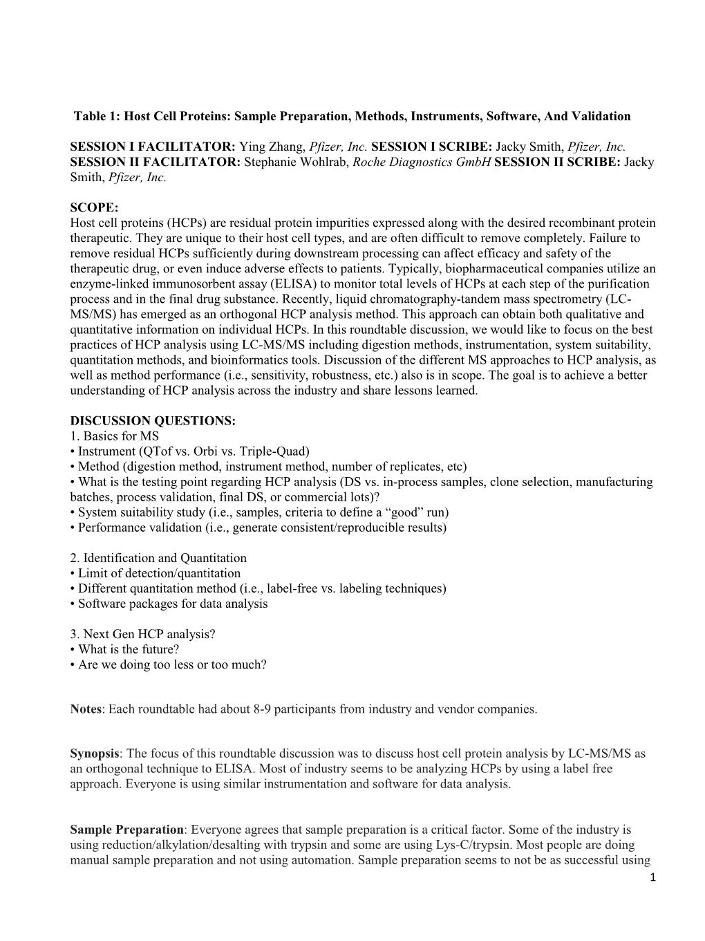 Table 1: Host Cell Proteins: Sample Preparation, Methods, Instruments, Software, and Validation